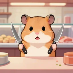 a hamster with an evil face, in a butcher shop, holding knives in his hands. standing in front of the table. cartoon. front view.