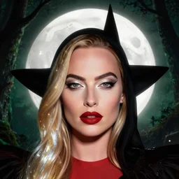 glowing silver and golden elements, full close-up portrait, Margot Robbie as a dark witch in front of the full big moon, book cover, green forest, red white black colors, establishing shot, extremly high detail, foto realistic, cinematic lighting, pen and ink, intricate line drawings, by Yoshitaka Amano, Ruan Jia, Kentaro Miura, Artgerm, post processed, concept art, artstation, matte painting, style by eddie, raphael lacoste, alex ross