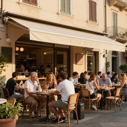 italian pizzeria restaurant, full of people, golden hour, summer vibes