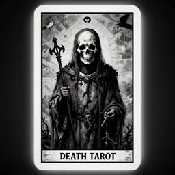 Dark, Gritty, realistic Death Tarot card, backlighting, kodachrome, high contrast, highly detailed, sharp focus, digital painting, concept art, illustration, trending on artstation