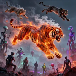 travis scott as a two headed tiger of two heads made of smoke, lava and fire flying in the sky ; cat flying in the sky ; panther flying in the sky ; humans being devoured ; aliens, robotic machines, gods, bio - mechanical intelligences, glitch creatures, dmt entity ; lsd art, trending on artstation, style greg rutkowski