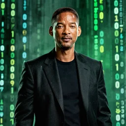 will smith as a character from the matrix, cinematic, movie still, dramatic lighting, matrix code,!! by bill henson!!, green color theme, 1 6 : 9 ratio