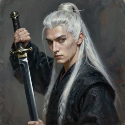 fantasy painting of a long-haired pale man with a black blade, painted by Bayard Wu, ultra detailed, 8k