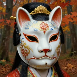 baroque neoclassicist close - up portrait character with ornately decorated porcelain geisha animal mask in an autumn forest, vibrant light, beautiful lighting. highly detailed science fiction painting by norman rockwell, frank frazetta, and syd mead. rich colors, high contrast, gloomy atmosphere. trending on artstation and behance.