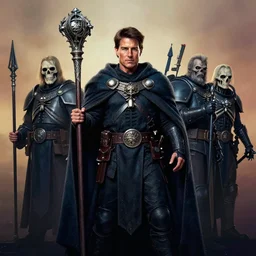 full character potrait of a genetic combination between tom cruise & skeleton, holding a ceremonial staff, wearing a cloak, zdzislaw beksinski, lewis jones, dariusz zawadzki, wayne barlow, warhammer fantasy, cold hue's, warm tone gradient background, concept art, 4 k, ultra - high - definition