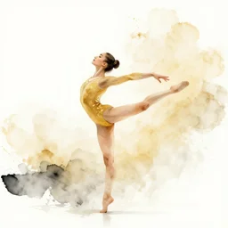 beautiful serene gymnastics, healing through motion, life, minimalistic golden and ink airbrush painting on white background