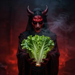 Satan offering you the devil\'s lettuce, moody lighting, creepy, smoke in the air, dark shadows, fiery, ominous, 4k, DSLR photo