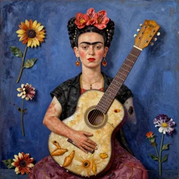 guitar made out of human skin decaying with flowers in a frida kahlo painting style