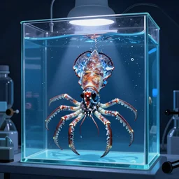 squid immersed in laboratory glass tanks, blue color scheme, digital illustration, dramatic lighting, cinematic composition, concept art, detailed textures
