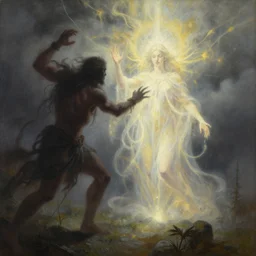 there stands a benevolent celestial being in the midst of a horizontal scene. evil and badness attack the celestial being from one side, but from his other side emerges light and life. the celestial being is a conduit. light and life emanate from the celestial being. | painting by craig mullins. intricate detail