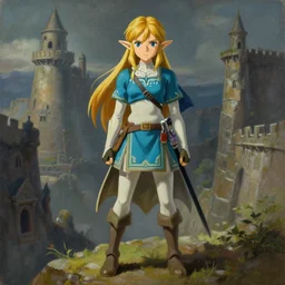 full body portrait character concept art, oil painting anime key visual of zelda, studio lighting delicate features finely detailed perfect face directed gaze, at an ancient city, gapmoe yandere grimdark, trending on pixiv fanbox, painted by greg rutkowski makoto shinkai takashi takeuchi studio ghibli