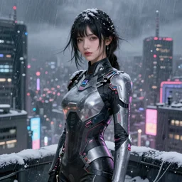 portrait futuristic superb cyberpunk young female Summoner, in futuristic stormy heavy snowy thunder flashing tokyo rooftop cyberpunk night, ssci-fi, fantasy, intricate, very very beautiful, elegant, neon light, highly detailed, digital painting, artstation, concept art, soft light, hdri, smooth, sharp focus, illustration, art by tian zi and craig mullins and WLOP and alphonse mucha