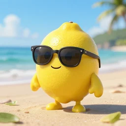 an antropomorphic lemon wearing sunglasses at the beach