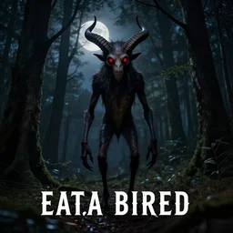 creepy creature standing in a dark forest at night, two horns on had, standing on two legs, red eyes, moonlight, photorealistic, book cover