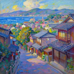 a beautiful japanese city near the sea, ryokans and edo era houses, cyberpunk, lofi vibe, colorful, vivid color, oil painting in impressionist style, by monet, by makoto shinkai, multiple brush strokes, inspired by ghibli, masterpiece