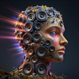 highly detailed surreal surreal vfx portrait of a landscape of recursive speakers forming a 3 d head. a head made is speakers in polyphonic ecstacy, vibrant vibrations, pulse projections, sonic love power. ornate, hyperrealistic, octane render, chiaroscuro, inspired by greg rutkowski, android jones, beeple, rhads, shaun tan, frostbite 3 rendered