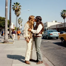 a street in los angeles with to kissing hippy's in 1 9 7 0. 7 0's color