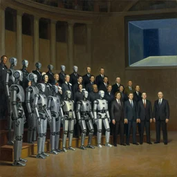 robotic choir in an amphitheater, pj crook, grant wood, edward hopper, syd mead, chiaroscuro, oil on canvas