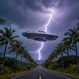 a protoss starship flying over a hawaii road with palm treea on the sides. beautiful artistic dramatic lightning