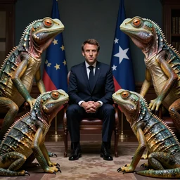 Emmanuel Macron having a meeting with antropomorphic reptiles, antropomorphic reptiles, dramatic lighting, photography, masterpiece