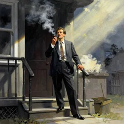 business man smoking pipe on the front stoop mist smoke, rays of light, beautiful by marc adamus and j. c. leyendecker, 8 k illustration, action scene, low angle, dramatic milky clouds front - view