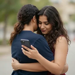two people hugging and looking at a smartphone