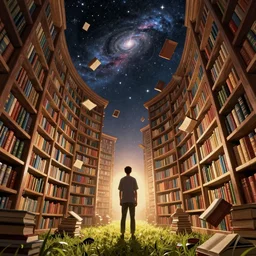 staring up into the infinite celestial library, endless books, flying books, starry, sublime, cinematic view, epic sky, detailed, concept art, low angle, high detail, warm lighting, volumetric, godrays, vivid, beautiful, trending on artstation, by jordan grimmer, huge scene, grass, art greg rutkowski