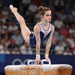 sexy emma watson wearing a skimpy little leotard, doing gymnastics at the olympics on a sawhorse