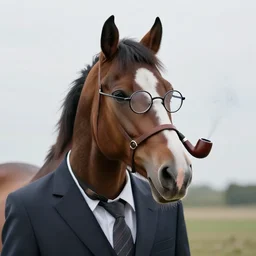 photo of a horse wearing a suit wearing reading glasses and smoking a wooden pipe