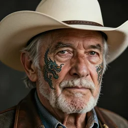 elderly cowboy with dragon tattoo on face, close up, portrait, hyper - realistic
