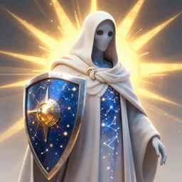 ghost cleric with a shield, sunbeams, partial body made of constellations and stars, by peter mohrbacher, john avon, dan mumford, craig mullins nekro, close up, volumettic light, cgsociety, pixiv, 3 d render