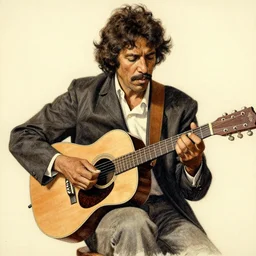 drawing of robbie basho the influential folk blues and fingerstyle guitar player, artwork by jc leyendecker