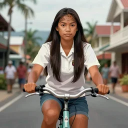 one beautiful fijian college female with straight shiny dark hair is riding a bicycle through her quaint island town, digital illustration, art by artgerm, trending on artstation, symmetrical facial features, intricate, elegant, amazing detail, concept art, sharp focus, cinematic lighting