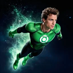 photos of actor Christopher Reece as a Green Lantern soaring thru outer space, photogenic, spit-curl in hair, particle effects, photography, studio lighting, cinematic