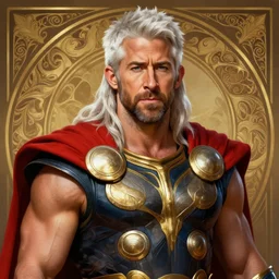 painted portrait of rugged ryan reynolds, god of thunder, greek god, white hair, masculine, mature, handsome, upper body, red and gold, muscular, hairy torso, fantasy, intricate, elegant, highly detailed, digital painting, artstation, concept art, smooth, sharp focus, illustration, art by gaston bussiere and alphonse mucha