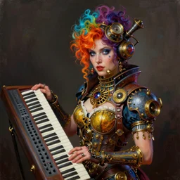 hyper detailed colorful painting of a steampunk woman with a synthesizer, vibrant, vivid colors, intricate details, solid background