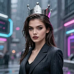 stylish woman cartoon portrait made out of rain, pinstripe suit, metal crown, cyberpunk background, rendered in octane, unreal engine, highly detailed, trending on artstation, realistic, neon, beautiful