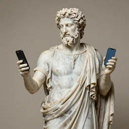 An ancient Greek statue of Zeus scrolling through Twitter on his iPhone