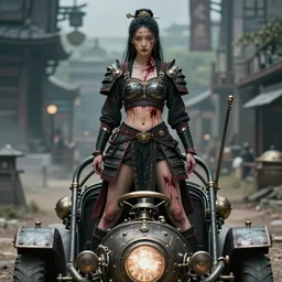 vertical movie frame with ancient asian female standing on steam punk buggy, hunt, armor inspired by ancient japan and fashion, symmetrical beautiful face, epic, perfect body, brutal blooded sluty award winning, establishing shot, extremely high detail, photorealistic, brutal, provocative, octane render, editorial, extreme sports photography