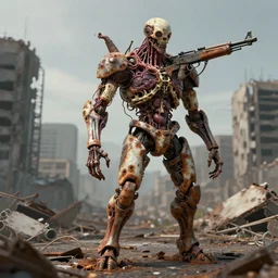 techno - biological rusty rifle consisting of tumors, veins, bones, kidneys, wires. ruined city in the background. biopunk, body - horror, high detail, photorealism, full length view, very rust, concept art, octane render, 8 k. cgsociety by wayne barlowe, dariusz zawadzki