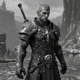 gigachad in skyrim, ingame screenshot, black and white, high detailed