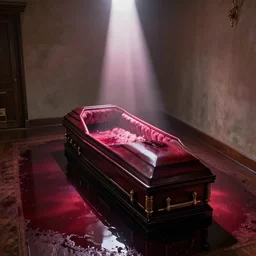a room with a open coffin in the middle of the room, flooded with red wine. shaft of light shines down from above