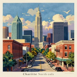 colorful lithograph of downtown Charlotte North Carolina