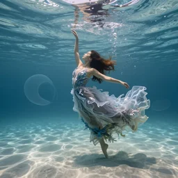 a beautiful woman with long hair dancing underwater wearing a very long flowing dress made of many translucent layers of silver and blue lace seaweed, gentle ocean waves above cause the flicker of caustics lighting on the soft sandy bottom, thousands of tiny bubbles throughout the scene float upward, large translucent swirling shapes in the background, octane render, cinematic, hyperdetailed