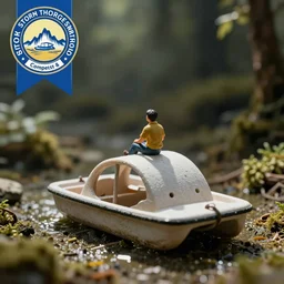 a figurine sitting on top of a paddle boat, a microscopic photo by storm thorgerson, shutterstock contest winner, ecological art, macro photography, shallow depth of field, creative commons attribution