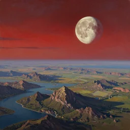The surface of a distant alien planet with large moon visible in the sky and a beautiful landscape of mountains and water. The sky is red and the time of day is sunset, highly detailed oil painting,