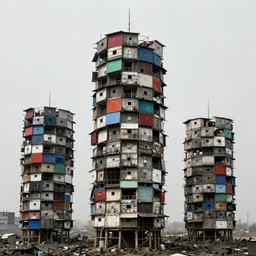 towers made up of densely stacked makeshift squatter shacks with faded colours suspended over a quagmire, plain uniform sky at the back, misty, mamiya, ultra sharp, very detailed, photographed by man ray