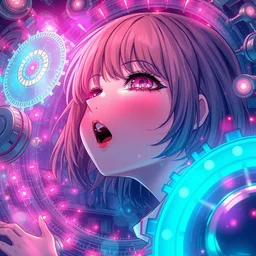 highly detailed illustration of a girl being consumed by a machine of endless lights and gears, bloom effect, tankobon, pixiv