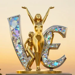 geometric knot metal sculpture with rainbow crystal glass elements reflecting the light, statuesque female dancer figure within the sculpture with her arms towards the sky, love, happiness, gold, lucky, golden hour, facing the camera, portrait, jeff koons, rodin, peter elson, alan bean, wangechi mutu, clean cel shaded vector art, trending on artstation