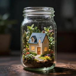 glass jar with a house and garden inside, bokeh, dramatic lighting, hyperrealistic, highly detailed